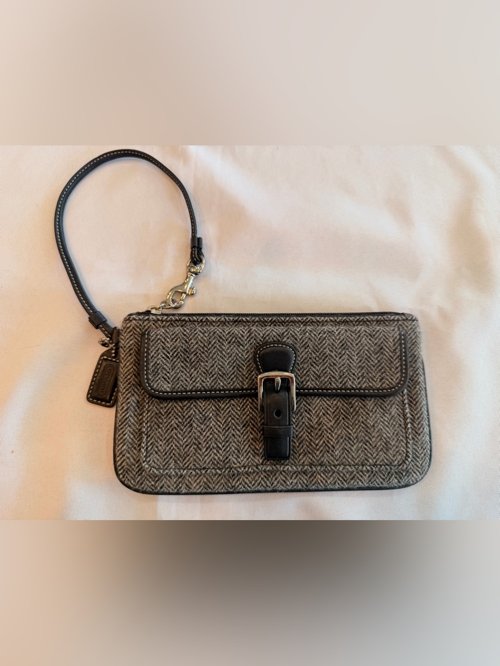 Vintage Coach Herringbone Woolen Tweed Wristlet with Black Leather Trim